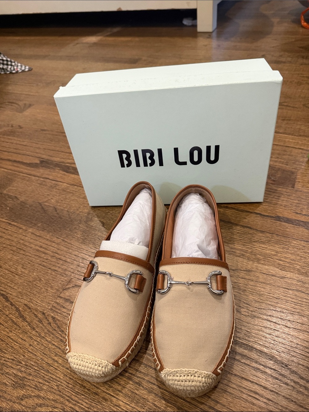 Bibi Lou Women’s Tan Canvas Espadrille Loafers with Brown Trim